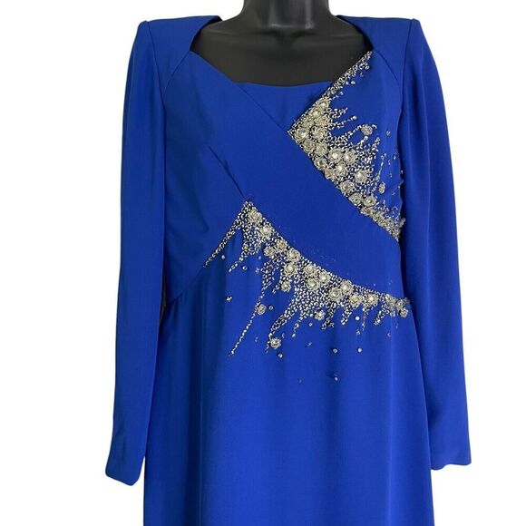 Lilli Diamond Vintage Blue Sheath Midi Rhinestone Beaded Dress Long Sleeve 10 - Picture 10 of 15